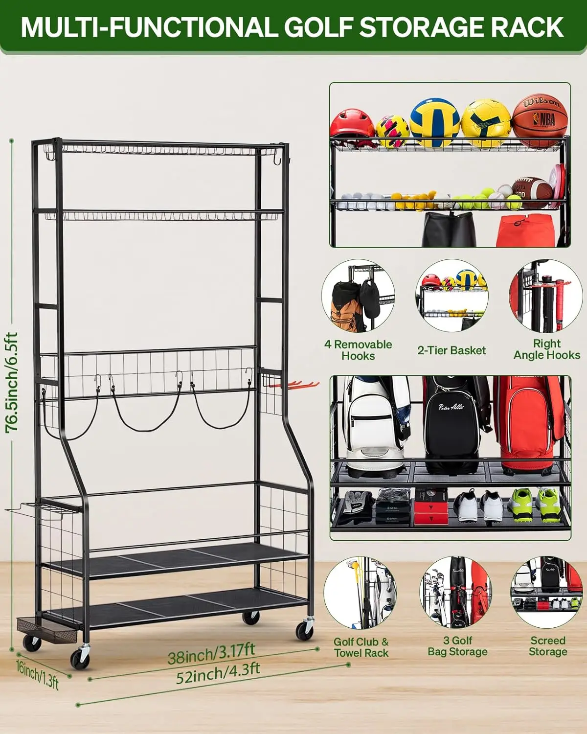 Sports Equipment Bag With Wheels - Golf Bag Storage Garage Organizer, 3