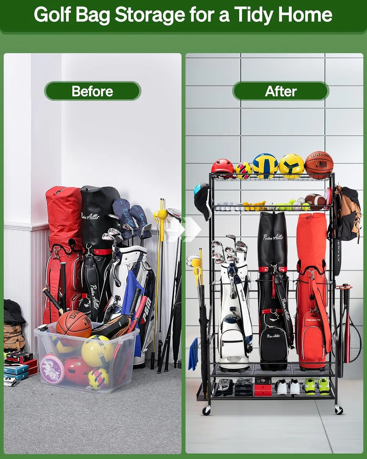Golf Bag Storage Garage Organi - Sports Equipment Bag With Wheels ulasan dan harga